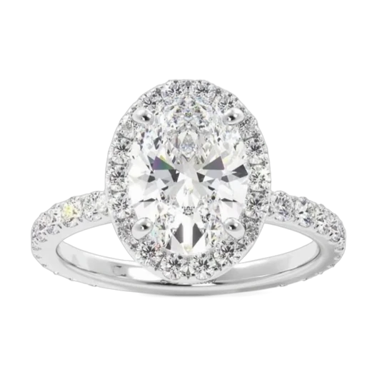 Oval diamond ring with a diamond halo and pave band, in white gold